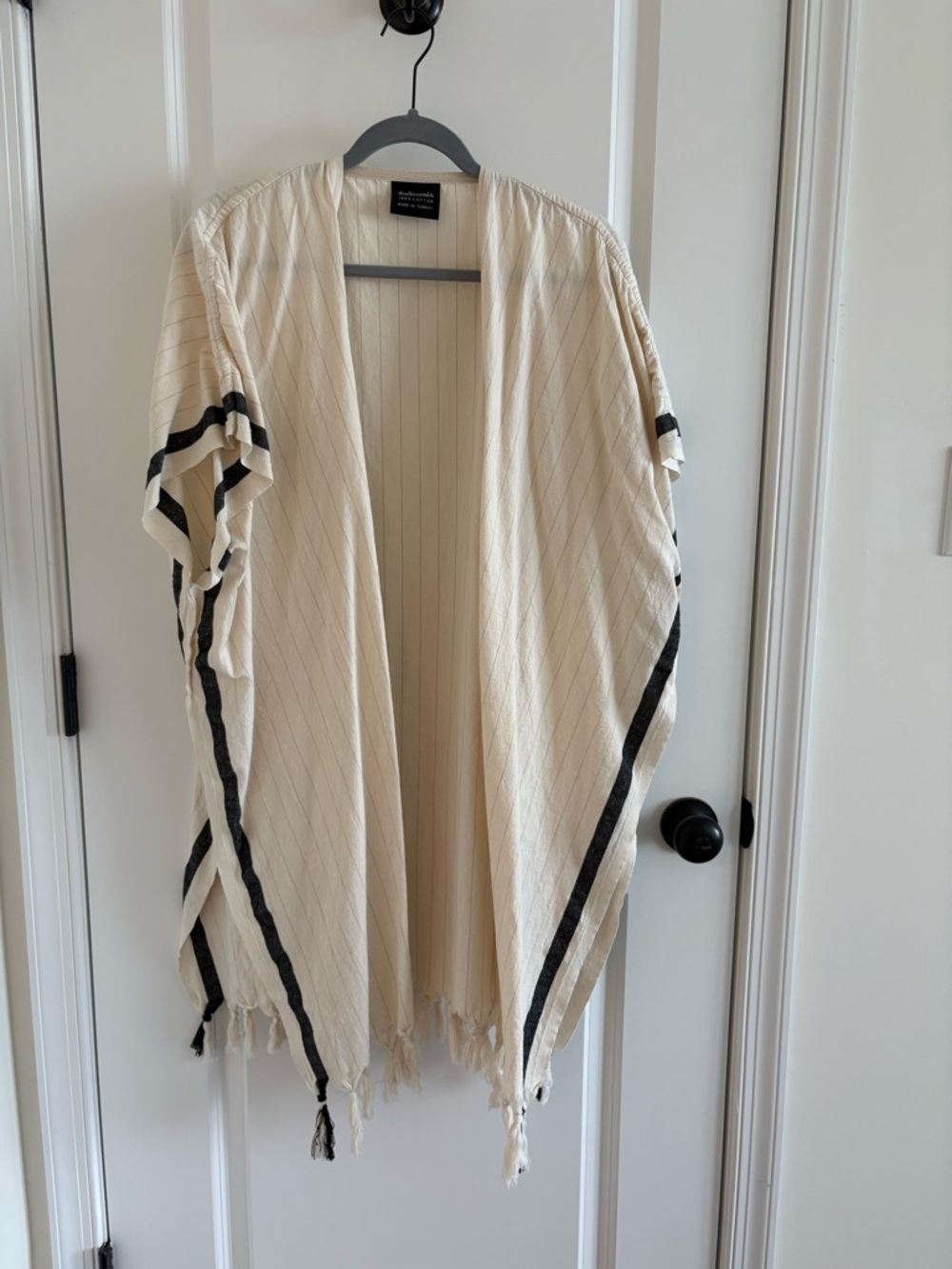 Cream Open-Front Fringe Kimono with Black Stripes